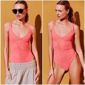 NEW Free People Movement Heart Of Gold Mesh Panel Thong Bodysuit Sz XS